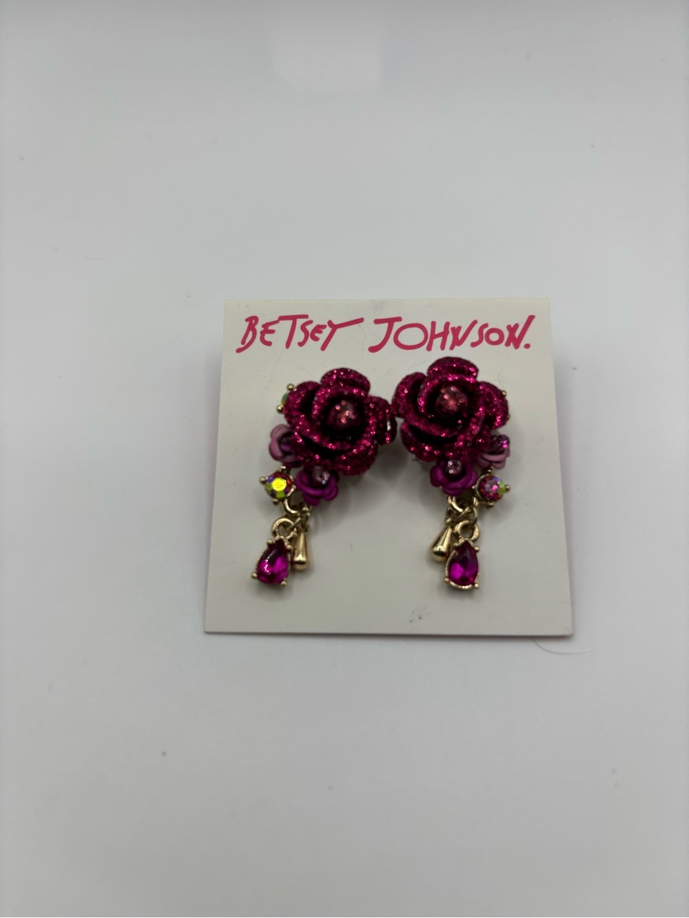 Betsey Johnson Hot Pink Rose Dangle Earrings with Gold Accents